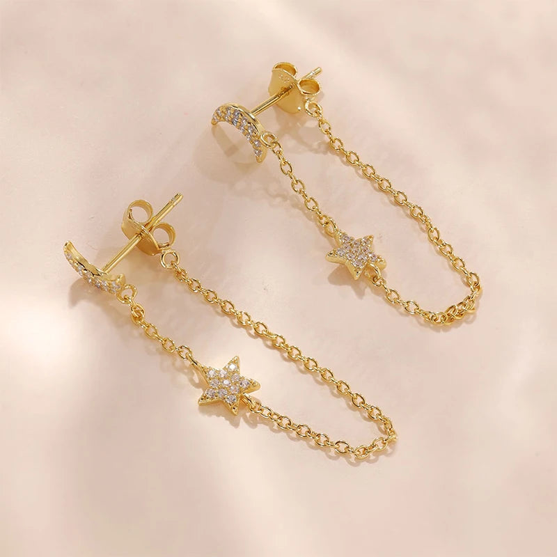 925 Silver Plated 18K Long Tassel Zircon Star Moon Stud Earrings