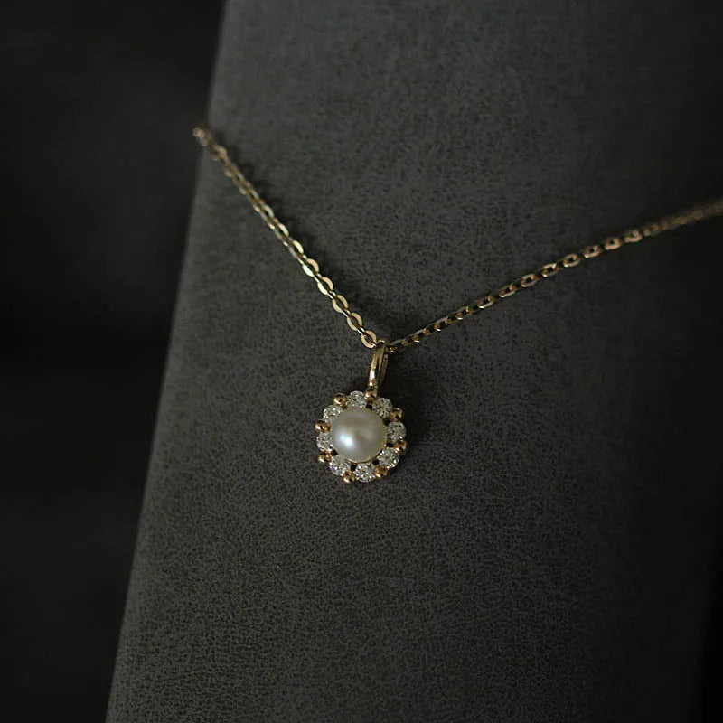 925 Silver Plating Pearl Necklace Zircon Flower Pendant Wedding Jewelry