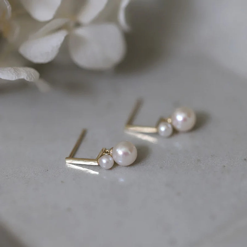 925 Silver Plating 14K Two Pearl Earrings Women Wedding Jewelry