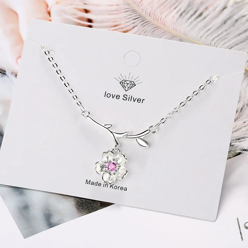 925 Silver Plum Blossom Branch Necklace Women Jewelry