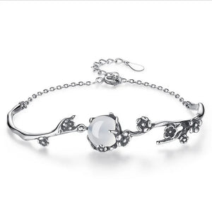 925 Silver Plum Blossom Crystals Bracelet Charm Retro Bangle