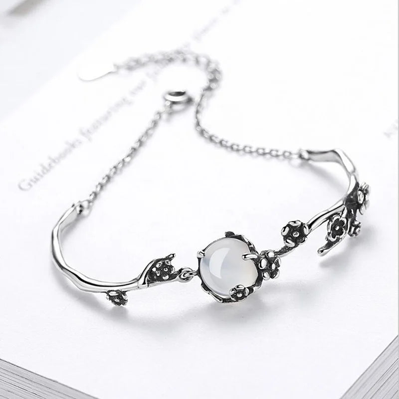 925 Silver Plum Blossom Crystals Bracelet Charm Retro Bangle
