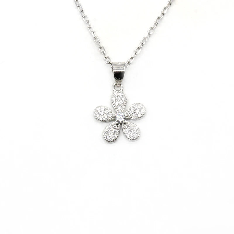 925 Silver Plum Flower Petal Pendant Zircon Necklace for Women