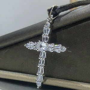 925 Silver Zircon Cross Pendant Necklace for Ladies Party Jewelry