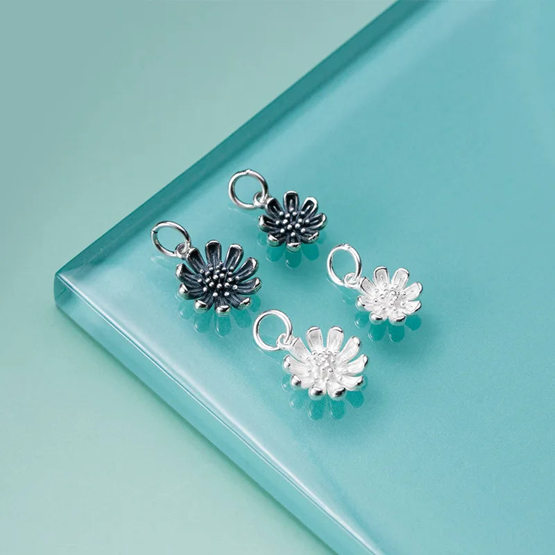925 Silver Matte Daisy Dangle Charm Flower Pendant DIY Jewelry