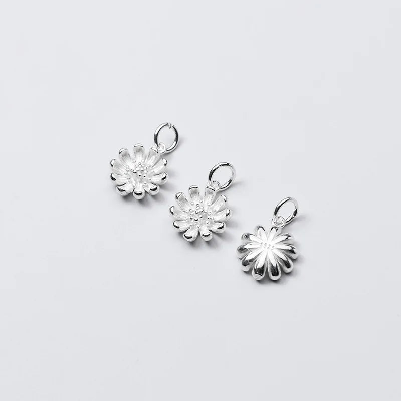 925 Silver Matte Daisy Dangle Charm Flower Pendant DIY Jewelry