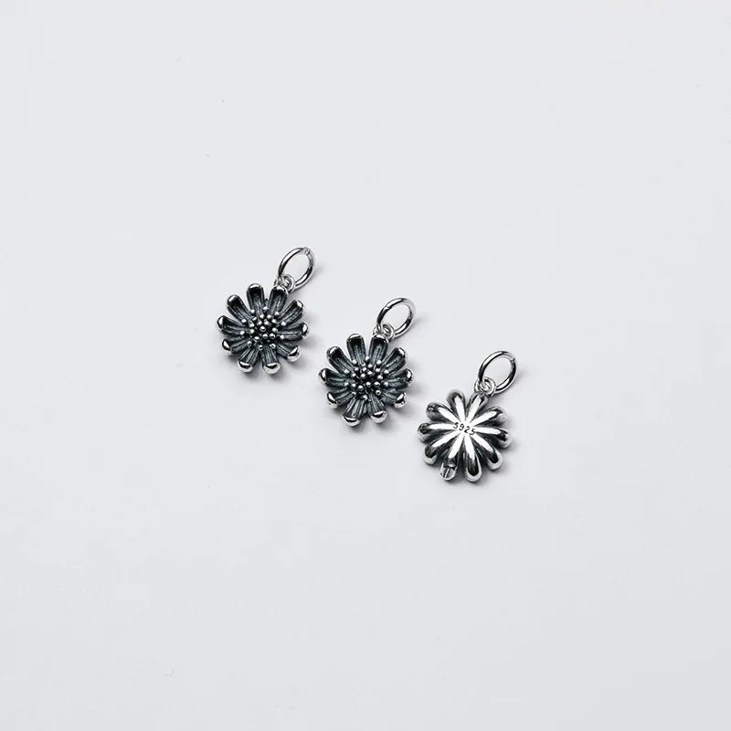 925 Silver Matte Daisy Dangle Charm Flower Pendant DIY Jewelry