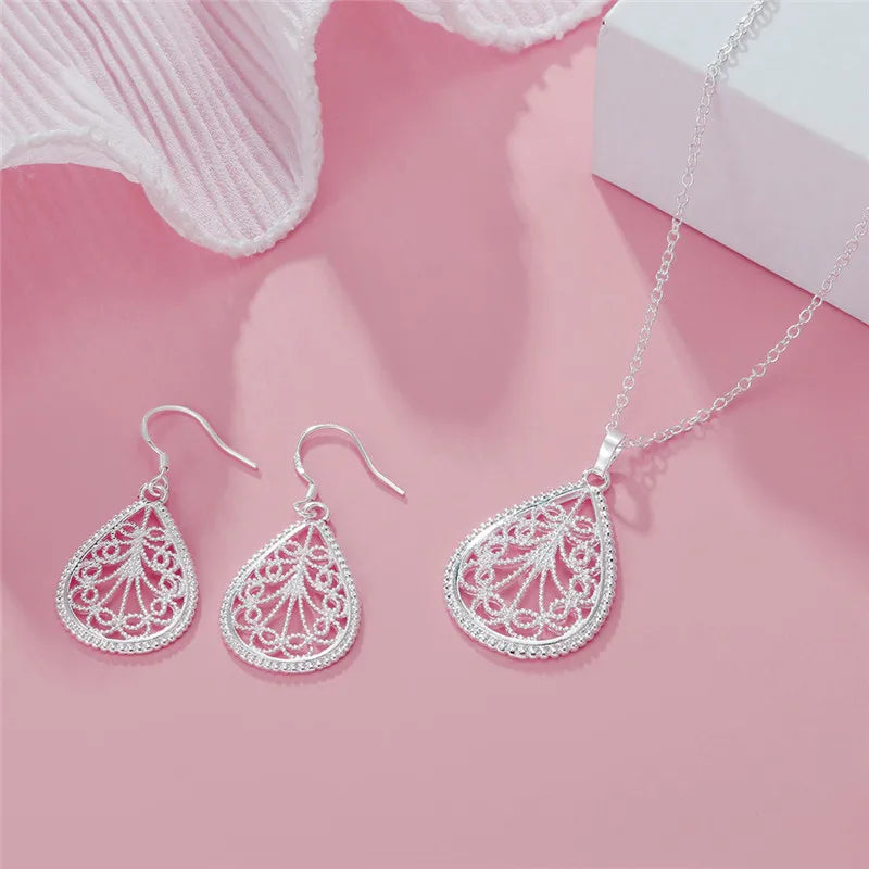 925 Silver Water Drop Pendant Necklace Earrings Set for Women