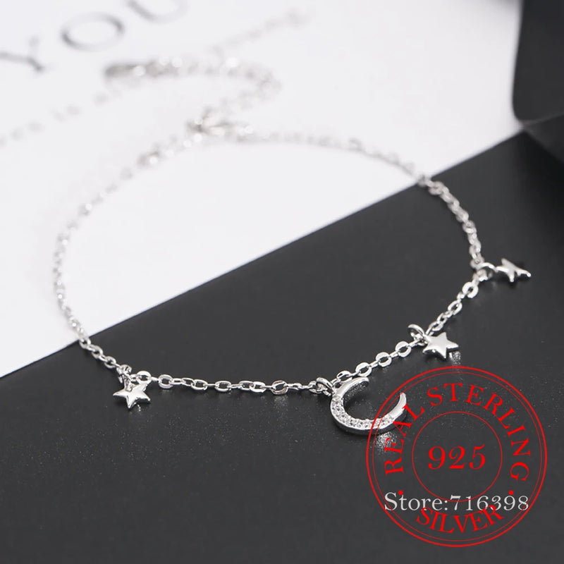 925 Silver Crystal Star Moon Bracelet Bangle Women Wedding Jewelry