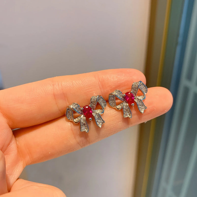 925 Silver Princess Bowknot Butterfly Crystal Earrings