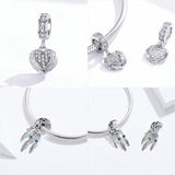 925 Silver Princess Crown Heart Love Lock CZ Pendant Beads