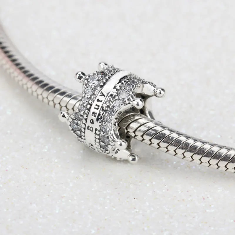 925 Silver Princess Crown Charm Clear CZ Beads DIY Bracelet Pendant