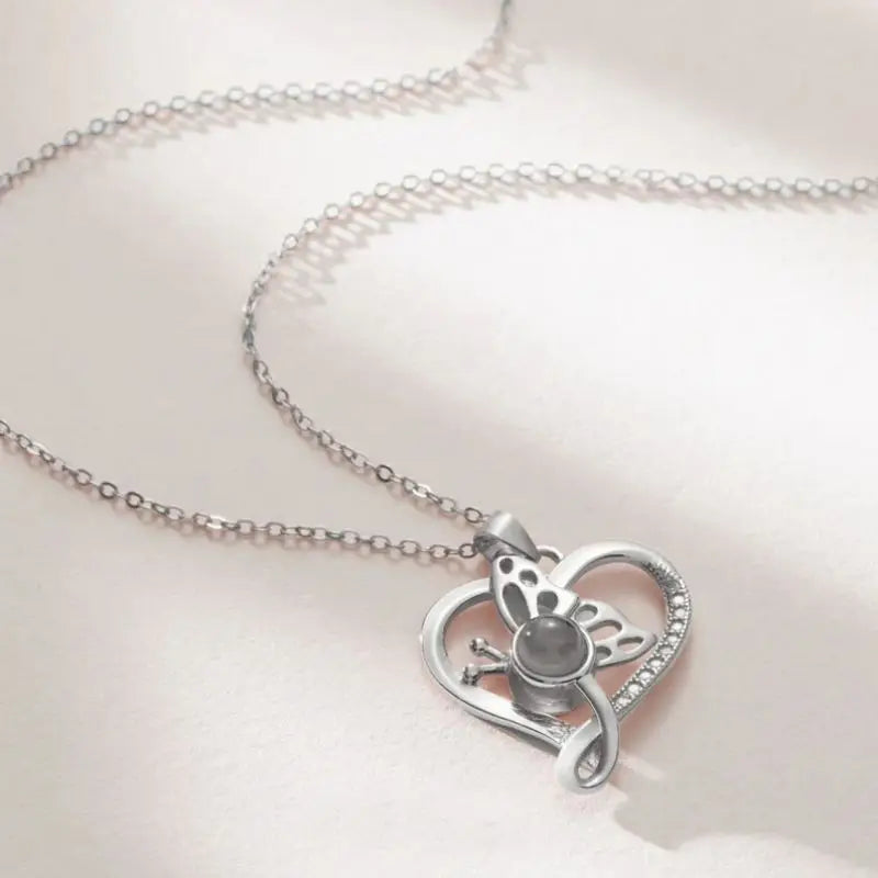 925 Silver Photo Projection Necklace Heart Butterfly Pendant