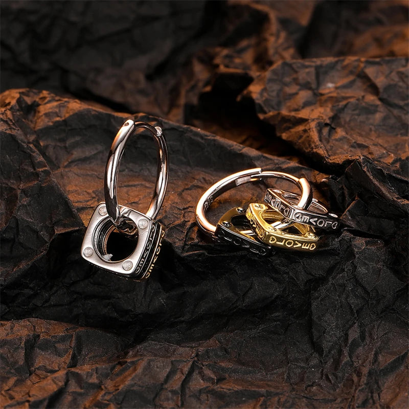 925 Silver Punk Square Ring Drop Earrings Vintage Personality Ear Buckle