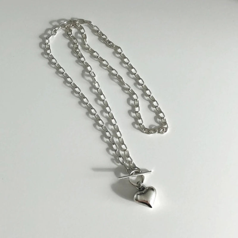 925 Silver Punk Heart Necklace Big Chain Circle Pendant Long Jewelry