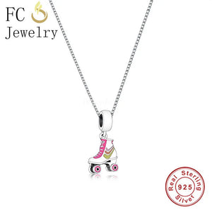 925 Silver Pink Enamel Roller Skates Shoes Pendant Necklace