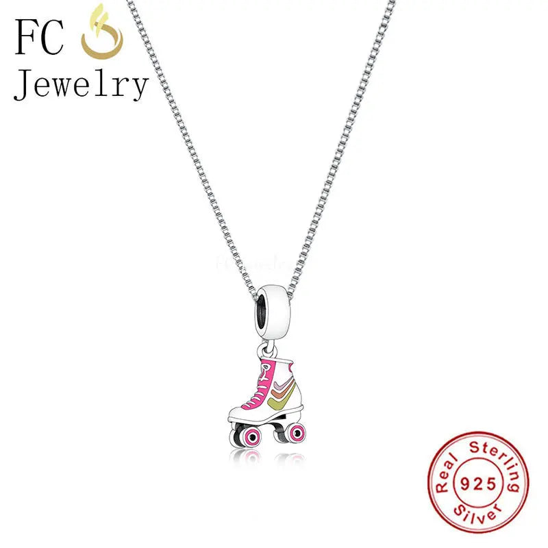 925 Silver Pink Enamel Roller Skates Shoes Pendant Necklace