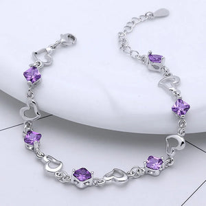 925 Silver Purple Crystal Heart Bracelet Women Jewelry Christmas
