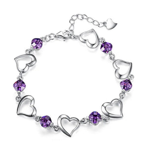 925 Silver Purple Crystal Heart Bracelet Women Jewelry Christmas
