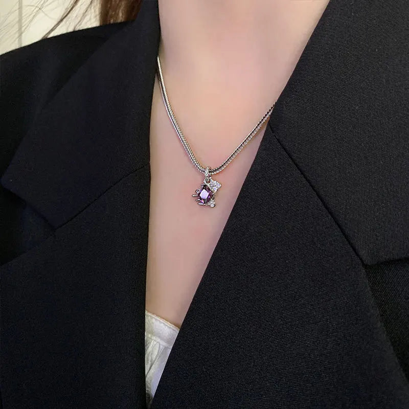 925 Silver Purple Crystal Pendant Necklace Vintage Jewelry Party Accessories