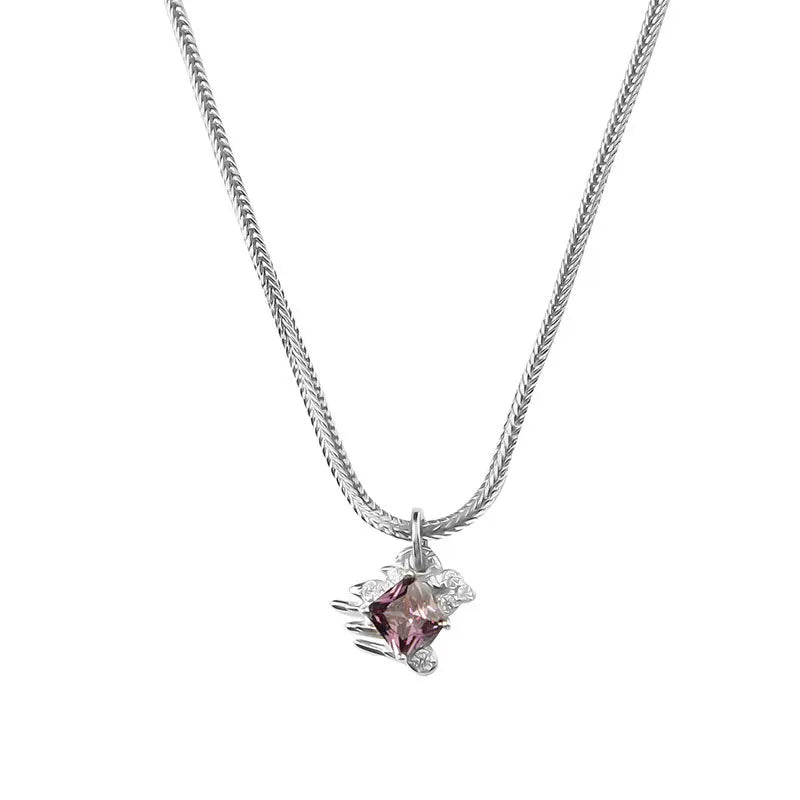 925 Silver Purple Crystal Pendant Necklace Vintage Jewelry Party Accessories