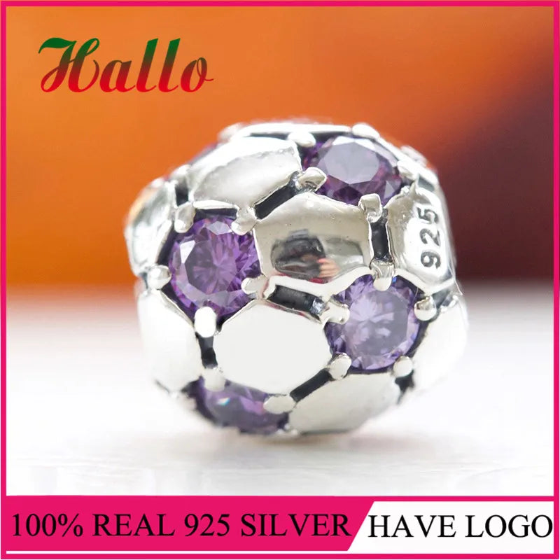 925 Sterling Silver Purple Football Charm Bead for Bracelets