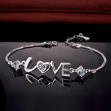 925 Silver Purple Crystal Chain Bracelet LOVE Heart Women Gift