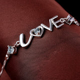 925 Silver Purple Crystal Chain Bracelet LOVE Heart Women Gift