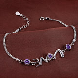 925 Silver Purple Crystal Chain Bracelet LOVE Heart Women Gift