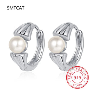 925 Sterling Silver Shell Pearl Hoop Earrings for Women Wedding Jewelry