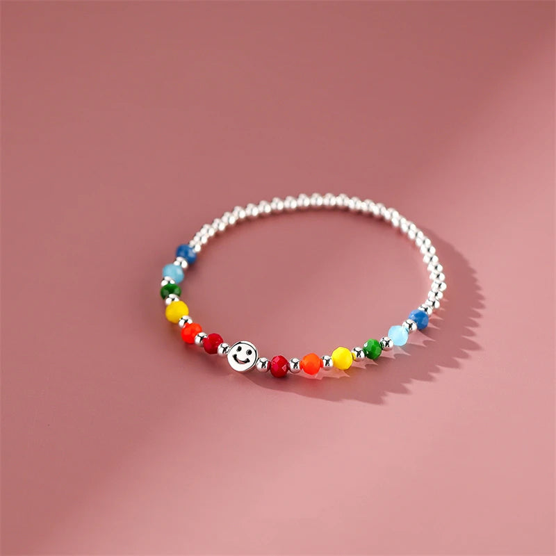 Rainbow Beaded Smiley Face Bracelet Charm Jewelry