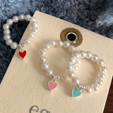 925 Silver Rainbow Heart Pearl Stretch Rope Ring for Women Girl