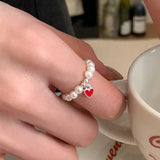 925 Silver Rainbow Heart Pearl Stretch Rope Ring for Women Girl