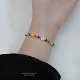 925 Silver Rainbow Smiley Elastic Rope Lucky Bead Bracelet