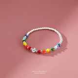 925 Silver Rainbow Smiley Elastic Rope Lucky Bead Bracelet