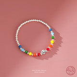 925 Silver Rainbow Smiley Elastic Rope Lucky Bead Bracelet
