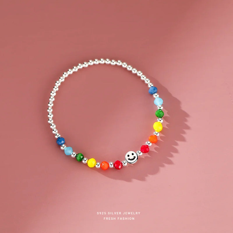 925 Silver Rainbow Smiley Elastic Rope Lucky Bead Bracelet