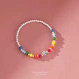 925 Silver Rainbow Smiley Elastic Rope Lucky Bead Bracelet