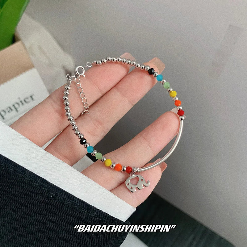 925 Silver Rainbow Smiley INS Elephant Rope Bracelet Women Jewelry
