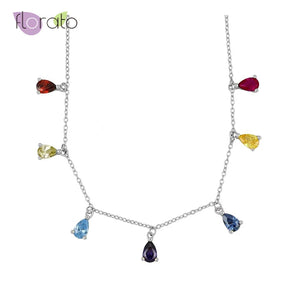 925 Silver Rainbow Zircon Choker Necklace Water Drop Design