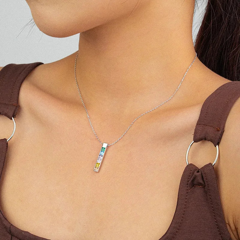 925 Silver Rainbow Zircon Vertical Bar Pendant Necklace for Women