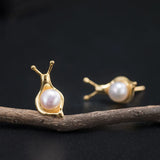 925 Silver Real Pearl Snails Stud Earrings Retro Chinese Style Fine Jewelry