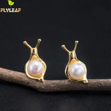 925 Silver Real Pearl Snails Stud Earrings Retro Chinese Style Fine Jewelry