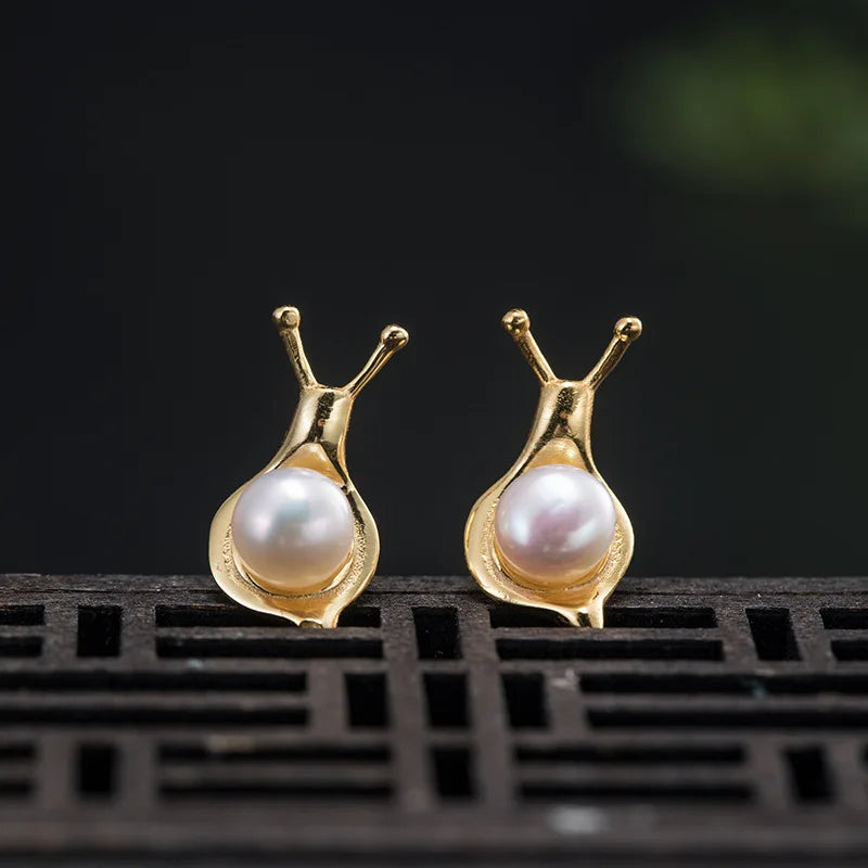 925 Silver Real Pearl Snails Stud Earrings Retro Chinese Style Fine Jewelry