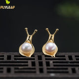 925 Silver Real Pearl Snails Stud Earrings Retro Chinese Style Fine Jewelry