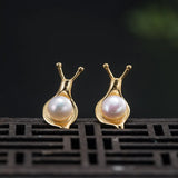 925 Silver Real Pearl Snails Stud Earrings Retro Chinese Style Fine Jewelry