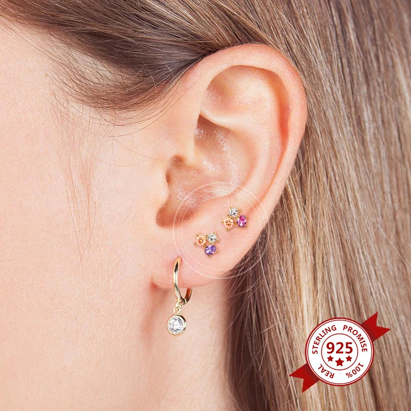 925 Silver Colorful Zircon Stud Earrings For Women