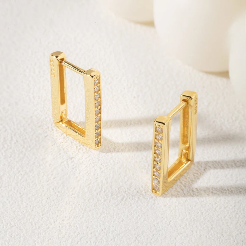 925 Silver Rectangle Hoops Earrings CZ Square Geometric 18K Plated Women Jewelry