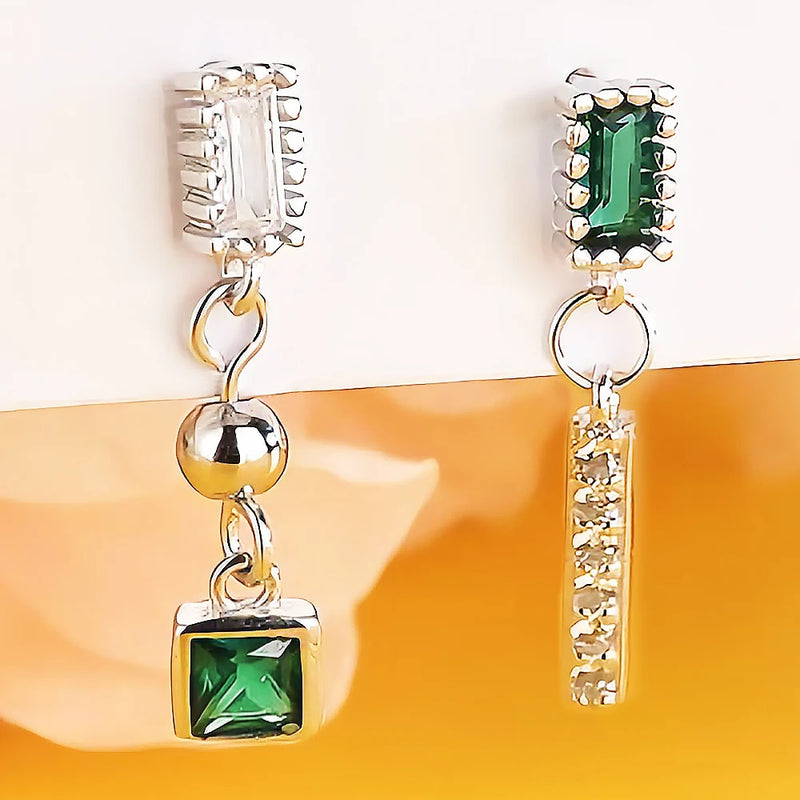 925 Silver Rectangle Stud Earrings Zircon Geometric Asymmetrical