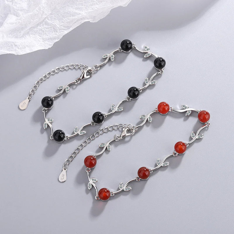 925 Silver Red Crystal Leaf Bracelet Wedding Jewelry